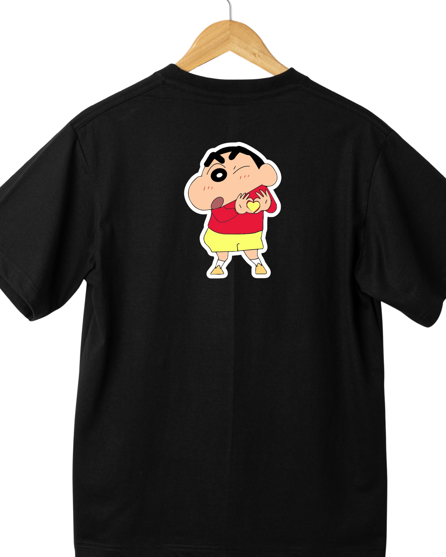 Unisex Black T-Shirt with Cute Shinchan Heart Design – Casual Anime Graphic Tee