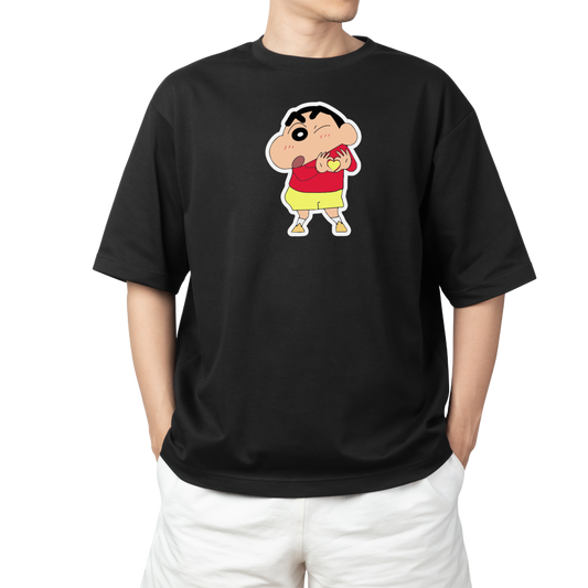 Unisex Black T-Shirt with Cute Shinchan Heart Design – Casual Anime Graphic Tee